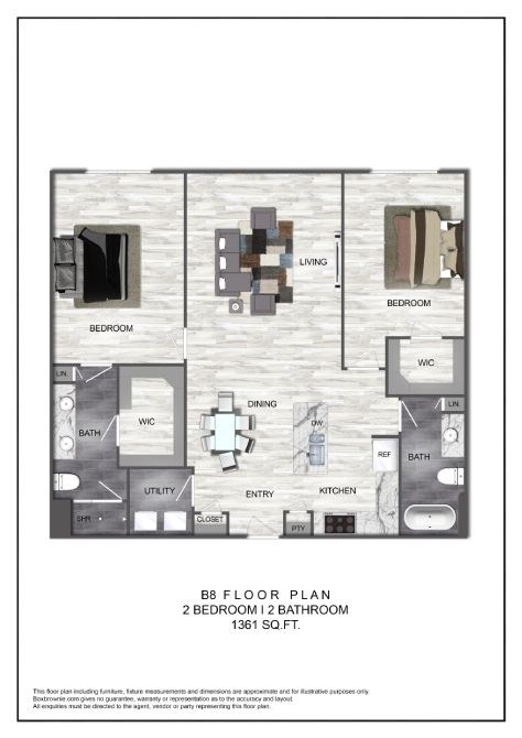 Floor plan for 2 beds, 2 baths, 1361 sqft