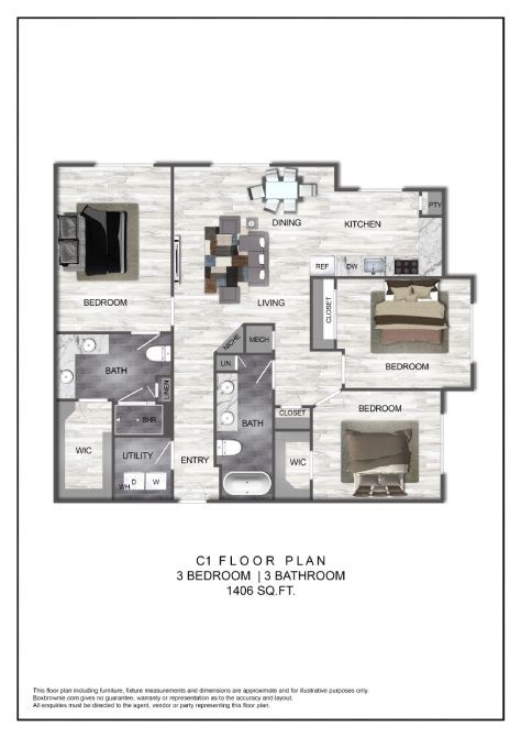 Floor plan for 3 beds, 2 baths, 1406 sqft