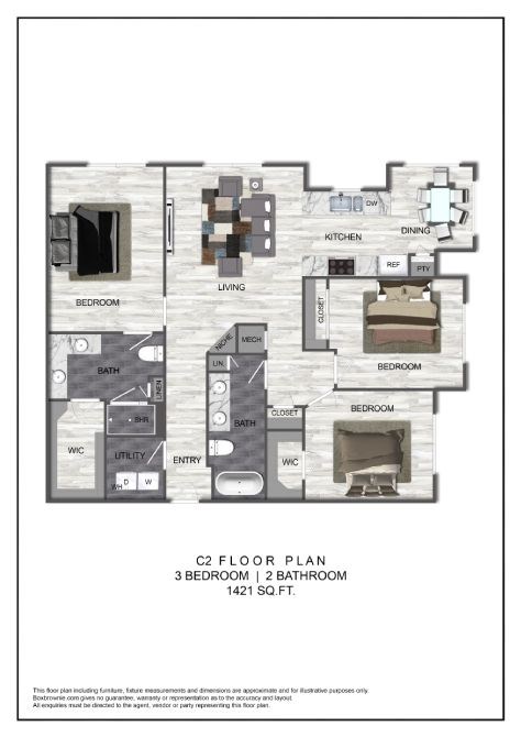 Floor plan for 3 beds, 2 baths, 1421 sqft