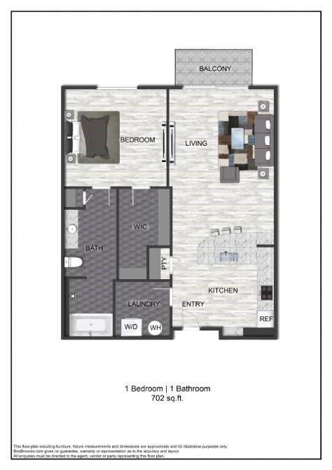 Floor plan for 1 bed, 1 bath, 702 sqft