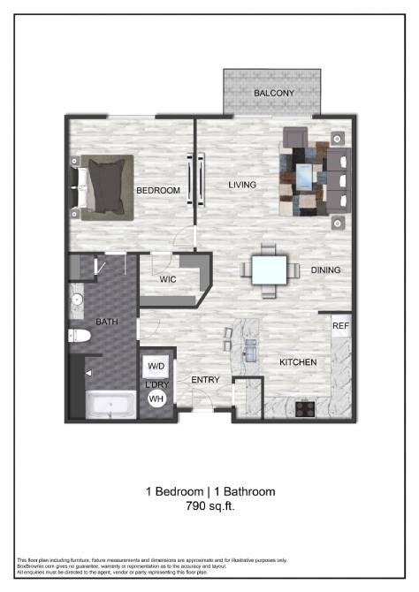 Floor plan for 1 bed, 1 bath, 790 sqft