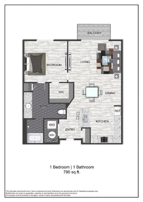 Floor plan for 1 bed, 1 bath, 790 sqft