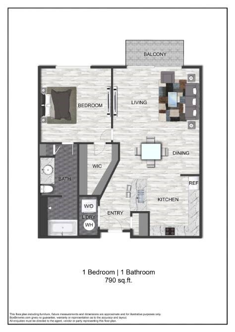 Floor plan for 1 bed, 1 bath, 790 sqft