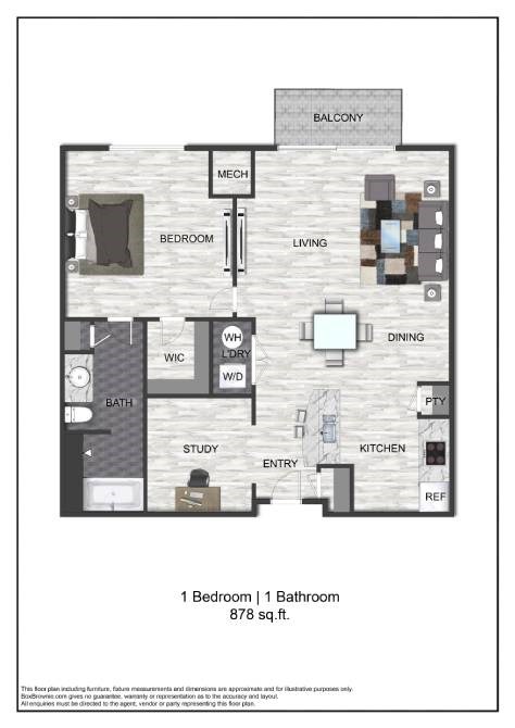Floor plan for 1 bed, 1 bath, 878 sqft