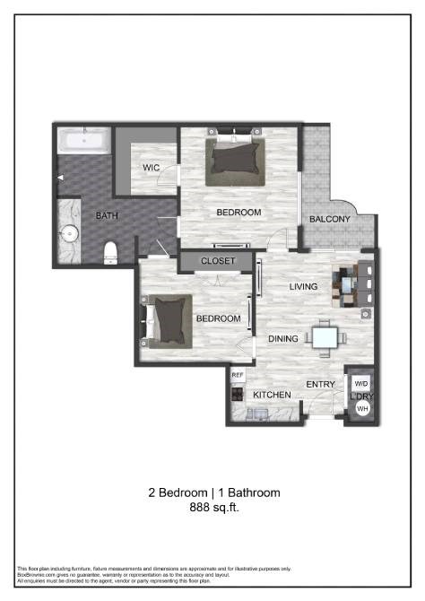 Floor plan for 2 beds, 1 bath, 888 sqft