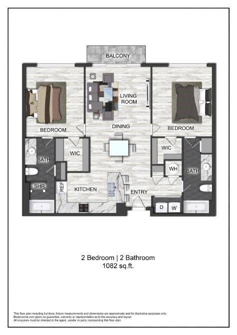 Floor plan for 2 beds, 2 baths, 1082 sqft
