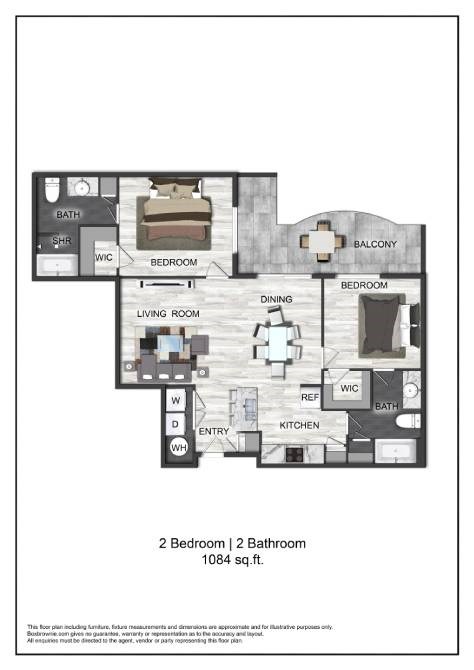 Floor plan for 2 beds, 2 baths, 1084 sqft