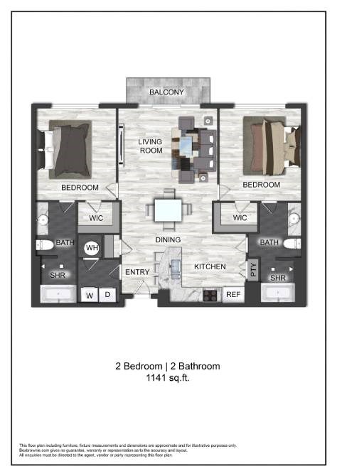 Floor plan for 2 beds, 2 baths, 1141 sqft
