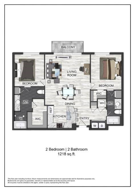 Floor plan for 2 beds, 2 baths, 1218 sqft