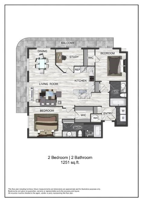Floor plan for 2 beds, 2 baths, 1251 sqft