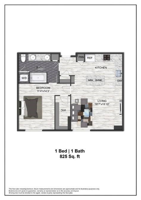 Floor plan for 1 bed, 1 bath, 825 sqft