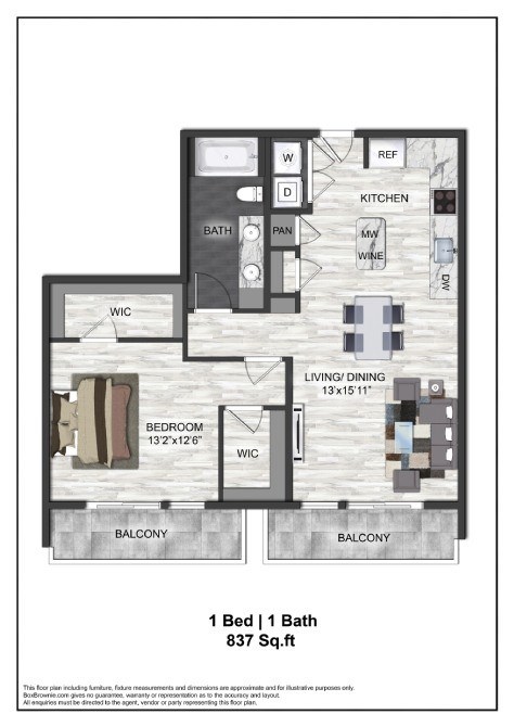 Floor plan for 1 bed, 1 bath, 837 sqft