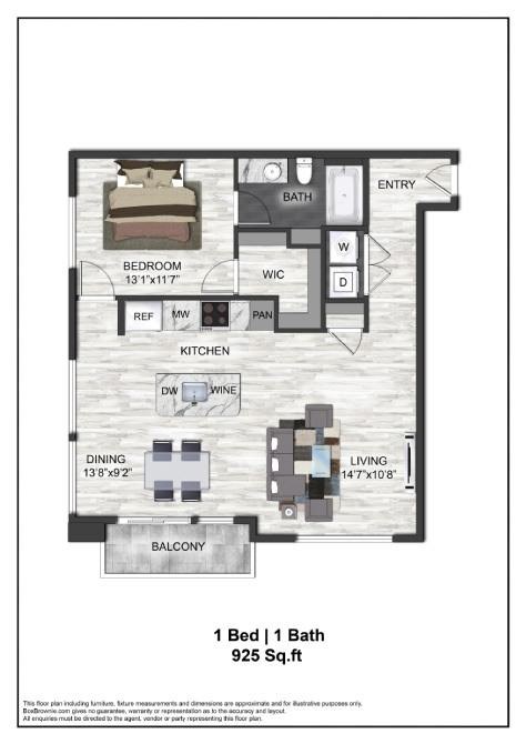Floor plan for 1 bed, 1 bath, 925 sqft
