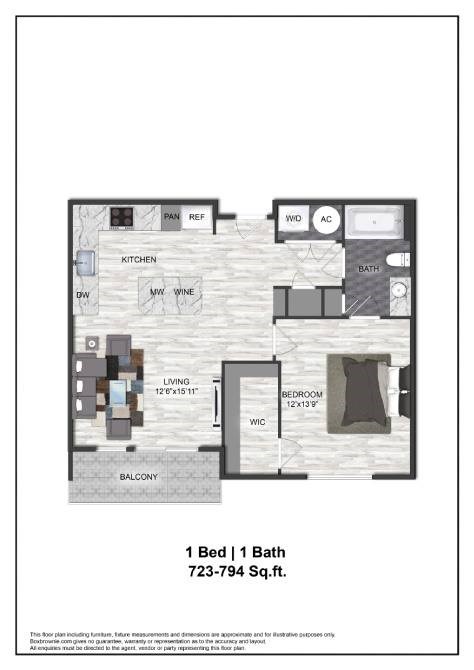 Floor plan for 1 bed, 1 bath, 747 sqft