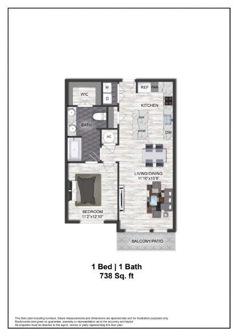 Floor plan for 1 bed, 1 bath, 738 sqft