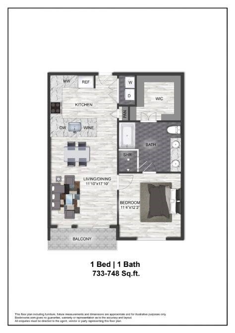 Floor plan for 1 bed, 1 bath, 743 sqft