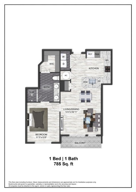 Floor plan for 1 bed, 1 bath, 785 sqft