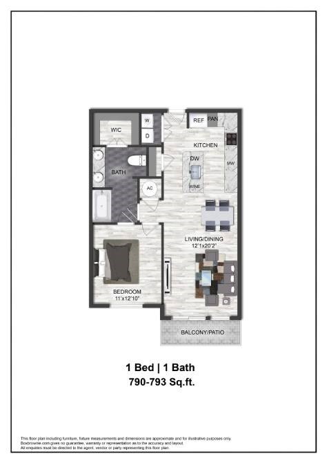 Floor plan for 1 bed, 1 bath, 792 sqft