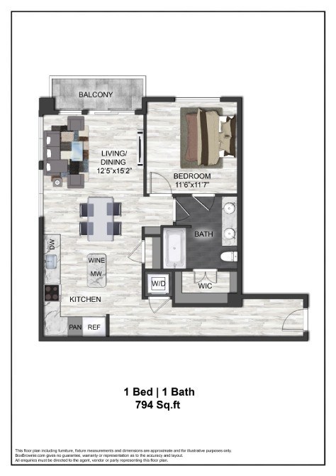 Floor plan for 1 bed, 1 bath, 794 sqft