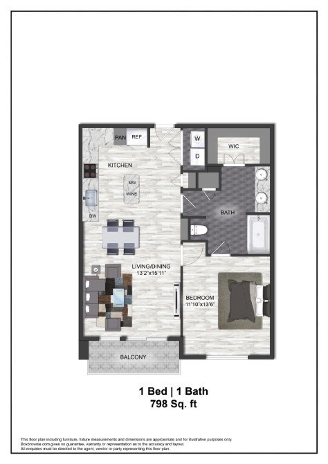 Floor plan for 1 bed, 1 bath, 798 sqft