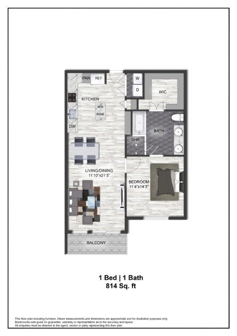 Floor plan for 1 bed, 1 bath, 814 sqft