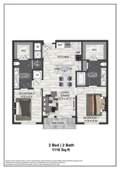 Floor plan for 2 beds, 2 baths, 1116 sqft