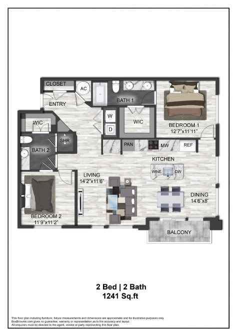Floor plan for 2 beds, 2 baths, 1241 sqft