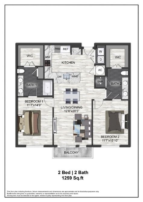 Floor plan for 2 beds, 2 baths, 1259 sqft