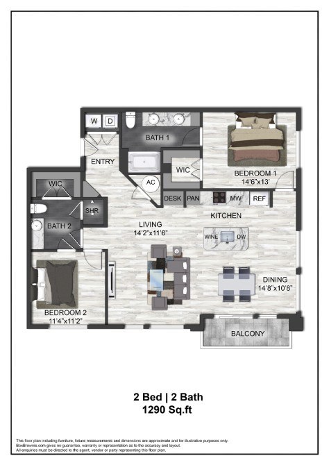 Floor plan for 2 beds, 2 baths, 1290 sqft
