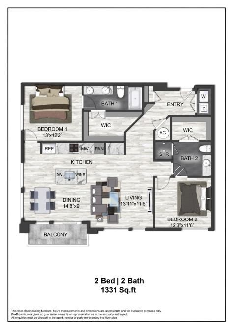 Floor plan for 2 beds, 2 baths, 1331 sqft