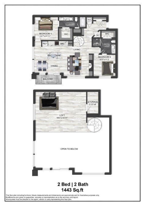Floor plan for 2 beds, 2 baths, 1443 sqft