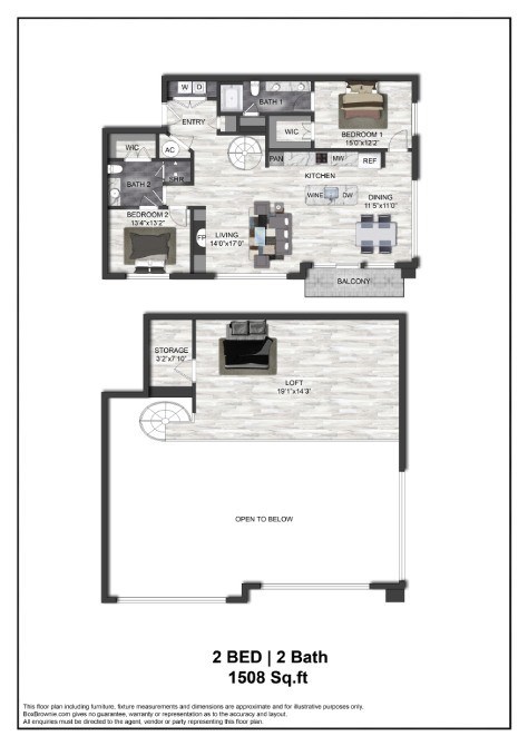 Floor plan for 2 beds, 2 baths, 1508 sqft