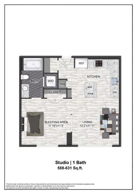 Floor plan for studio, 1 bath, 595 sqft