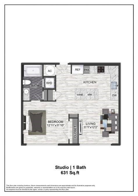 Floor plan for studio, 1 bath, 631 sqft