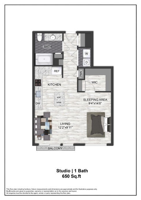 Floor plan for studio, 1 bath, 650 sqft