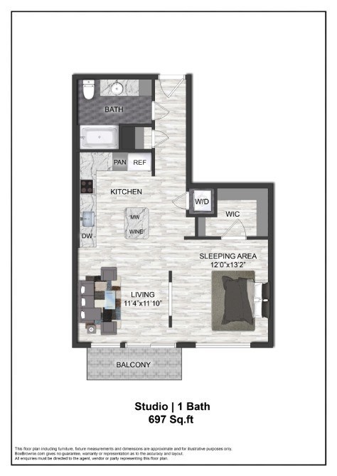 Floor plan for studio, 1 bath, 697 sqft