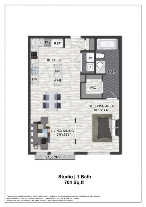 Floor plan for studio, 1 bath, 704 sqft