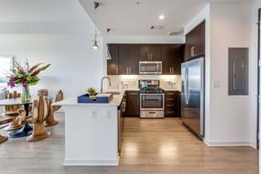 Houston apartment for rent - A modern kitchen with dark brown cabinets and stainless steel appliances.