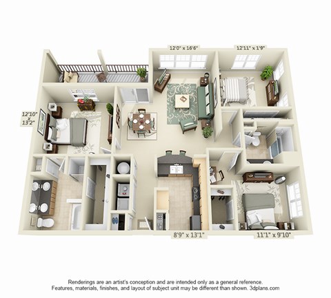 Floor plan for 3 beds, 2 baths, 1582 sqft