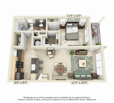 Floor plan for 1 bed, 1 bath, 868 sqft