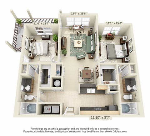 Floor plan for 2 beds, 2 baths, 1234 sqft
