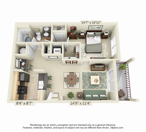 Floor plan for 1 bed, 1 bath, 796 sqft