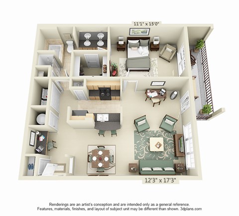 Floor plan for 1 bed, 1 bath, 1075 sqft