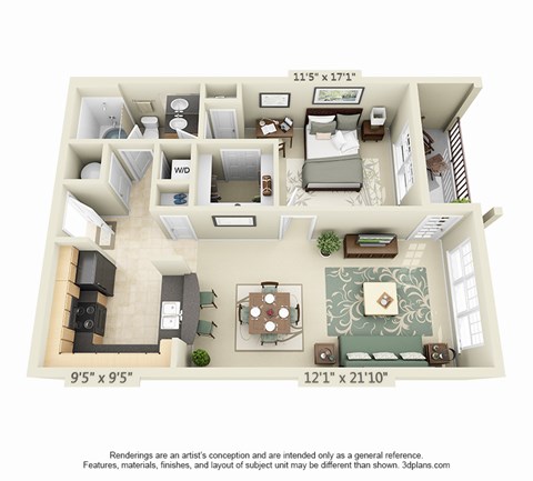Floor plan for 1 bed, 1 bath, 868 sqft