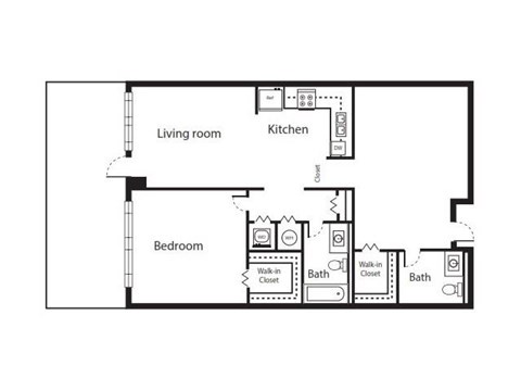 Floor plan for 1 bed, 1.5 baths, 943 sqft