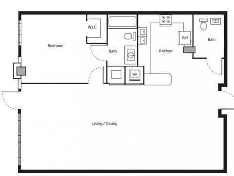 Floor plan for 1 bed, 1.5 baths, 1000 sqft