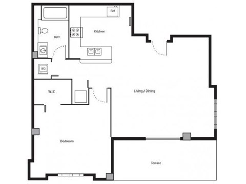 Floor plan for 1 bed, 1 bath, 900 sqft
