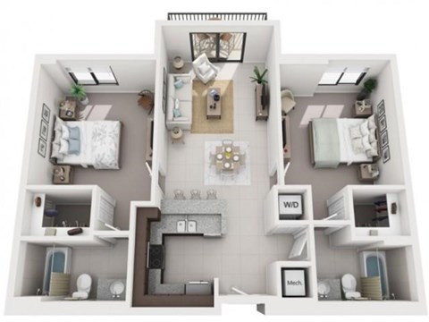 Floor plan for 2 beds, 2 baths, 1040 sqft