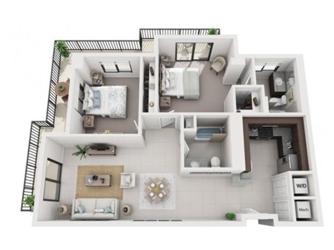 Floor plan for 2 beds, 2 baths, 990 sqft