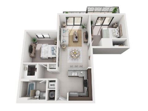 Floor plan for 2 beds, 1 bath, 895 sqft